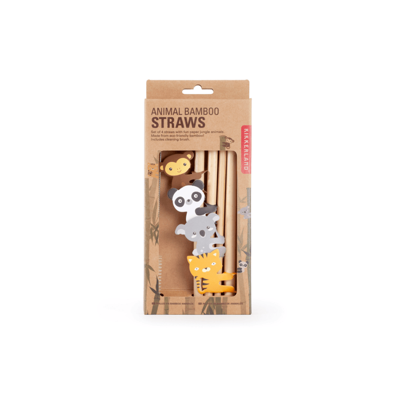 KIKKERLAND - Animal Bamboo Straws - Set of 4 - Wooden Brown