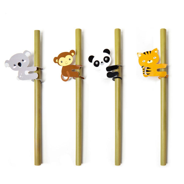 KIKKERLAND - Animal Bamboo Straws - Set of 4 - Wooden Brown